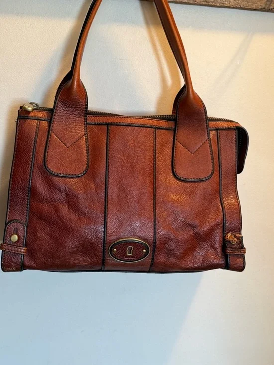 Vintage Fossil Reissue Large Satchel Handbag Chestnut  Brown Leather EUC - Picture 3 of 10